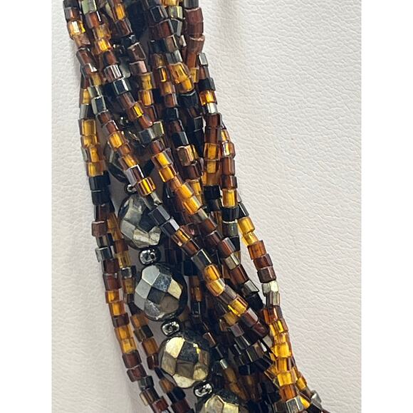MultiStrand Brown Black Seed Bead Beaded Necklace Gold Tone Large Closure - Picture 2 of 9